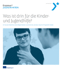 Titelbild der Broschüre "Was ist drin für die Kinder- und Jugendhilfe?". Bild verlinkt auf die Webseite von Jugend für Europa
