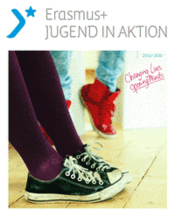 Titelbild der Kurzbroschüre "Erasmus+ JUGEND IN AKTION". Bild verlinkt auf die Webseite von Jugend für Europa