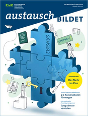 Titelbild des Magazins mit einem blauen Plus aus Puzzleelementen. Bild verlinkt auf 