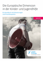 Titelbild des Handbuchs "Die Europäische Dimension in der Kinder- und Jugendhilfe". Bild verlinkt auf die Webseite von Jugend für Europa